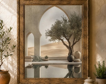 Moroccan Wall Art Print, Olive Tree Desert Landscape with Islamic Arch in Warm Beige Tones