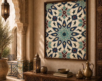 Palestinian Ceramic Art, Islamic Geometric Tile Print, Middle Eastern Decor