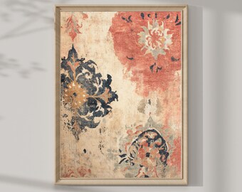 Islamic Wall Art Print, Persian Floral Textile Art in Terracotta, Navy and Aged Cream