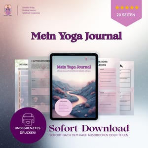 May include: A digital yoga journal displayed on a tablet, with the title "Mein Yoga Journal" in purple. The journal's cover features a landscape image. Additional pages and a purple circle with print icon are also visible.