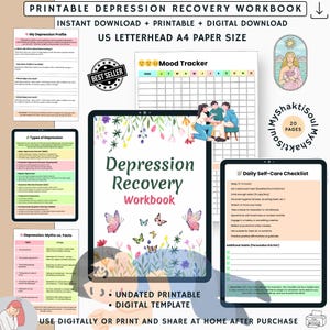 Könnte beinhalten: Ein druckbares Depression Recovery Workbook mit floralem Design und Schmetterlingen. Enthält einen Mood Tracker, eine Selbstpflege-Checkliste und Informationen zu Depressionstypen und -mythen. Sofortiger Download und druckbar.