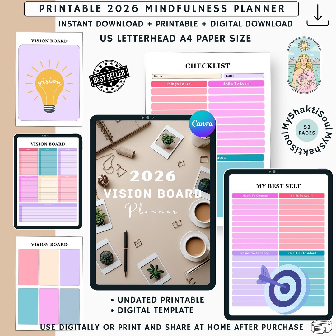 Printable Vision Board Planner, Goal Setting & Inspiration Organizer ...