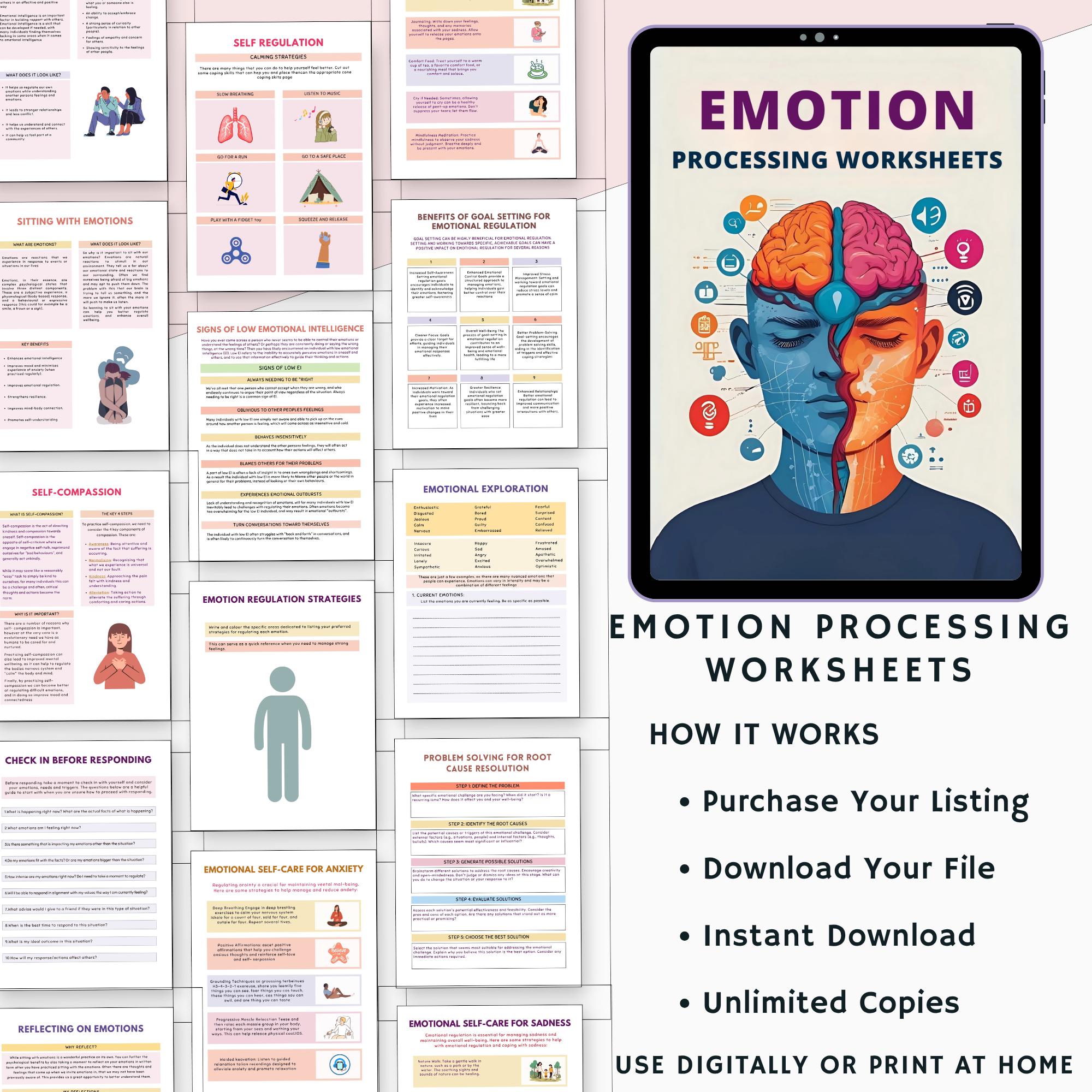 Emotion Processing Worksheet for Emotional Awareness Regulation, Mental ...
