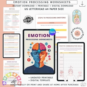 Könnte beinhalten: Digitaler Download von Arbeitsblättern zur Emotionsverarbeitung. Das Bild zeigt verschiedene Arbeitsblätter mit Titeln wie „Emotionen“ und „Positive Kommunikationsfähigkeiten“. Das Hauptbild zeigt ein geteiltes Gesicht mit Gehirnbildern. Text enthält „US Letterhead A4 Paper Size“.
