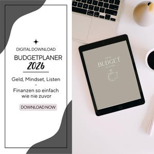 Könnte beinhalten: Werbung für einen digitalen Budgetplaner 2026. Das Bild zeigt ein Tablet mit dem Cover des Planers, einen Laptop, eine Kaffeetasse und dekorative Elemente auf einer weißen Oberfläche. Der Text enthält "BUDGETPLANER 2026".