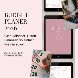 Könnte beinhalten: Digitaler Budgetplaner für 2026, dargestellt auf Tablets. Das Cover zeigt "BUDGET PLANER 2026" und ein Sparschwein-Symbol. Das Bild enthält auch Bargeld und einen Screenshot eines Budgetblatts.