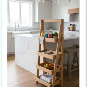May include: A wooden, leaning shelf unit with four shelves. The top shelf holds colorful mugs and a small plant. The lower shelves display folded linens, a bowl of fruit, and books. The unit is in a kitchen setting.