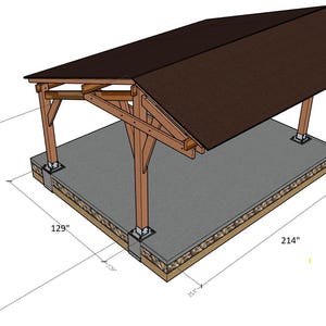 Puede incluir: Una estructura de madera con techo marrón y base de hormigón gris. La estructura está sostenida por vigas de madera. La base mide 543,56 cm de largo, 327,66 cm de ancho y 312,42 cm de alto.