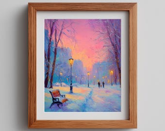 May include: A framed oil painting depicts a snowy park scene at dusk. The artwork features a bench, lampposts, and figures walking on a snow-covered path. The sky transitions from pink to yellow, with trees lining the path.