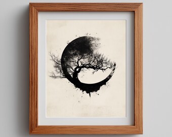 Puede incluir: Una impresión artística enmarcada con una silueta de árbol negro dentro de una forma de media luna. La obra de arte tiene un estilo minimalista con un fondo neutro y un marco de madera natural. Las ramas del árbol están detalladas, y el diseño es abstracto.
