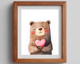 Valentine Bear Wall Art Printable, Cute Teddy Holding Heart Illustration, Whimsical Nursery Decor, Romantic Animal Art Download 237