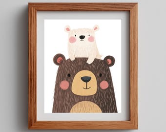 Bear Wall Art Printable, Cute Woodland Animal Nursery Print, Rustic Forest Baby Room Decor, Whimsical Wildlife Artwork Download 219