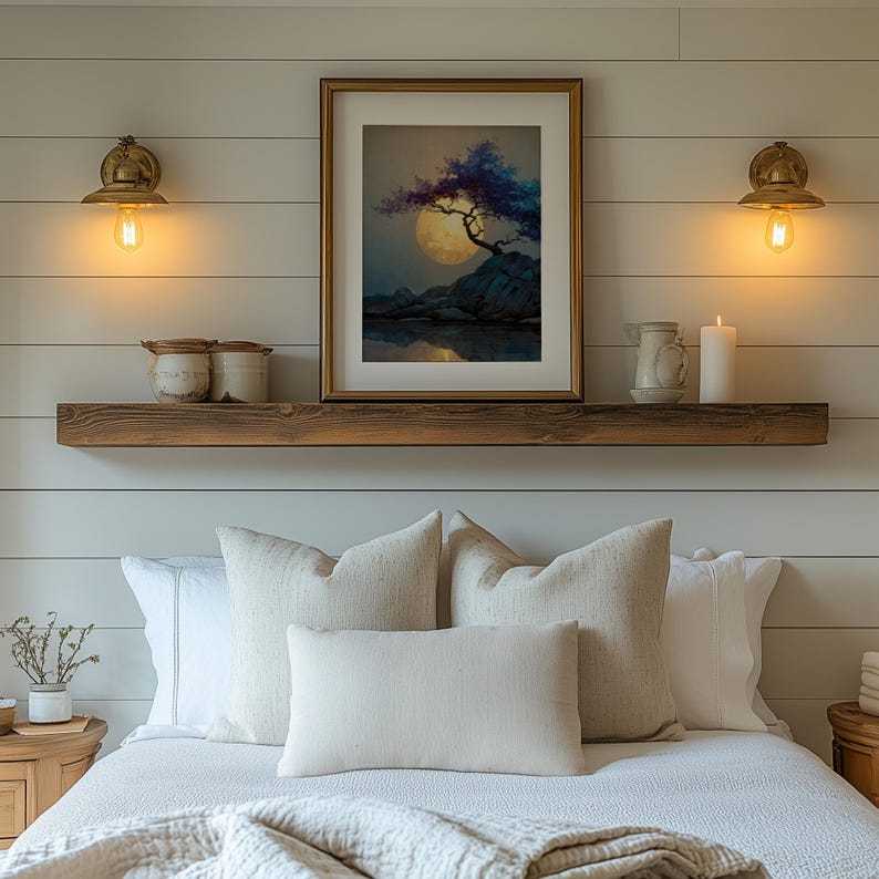 Moon Over Forest Cliff Wall Art Printable, Serene Night Landscape Painting with Tree Silhouette, Earthy Nature Decor, Download 950 image 10