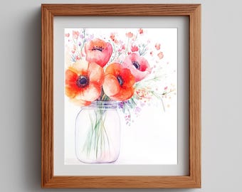 Orange Poppy Arrangement Wall Art Printable, Bold Watercolor Floral Painting, Vibrant Botanical Decor, Spring Bloom Art Download 259