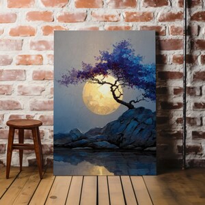 Moon Over Forest Cliff Wall Art Printable, Serene Night Landscape Painting with Tree Silhouette, Earthy Nature Decor, Download 950 image 2