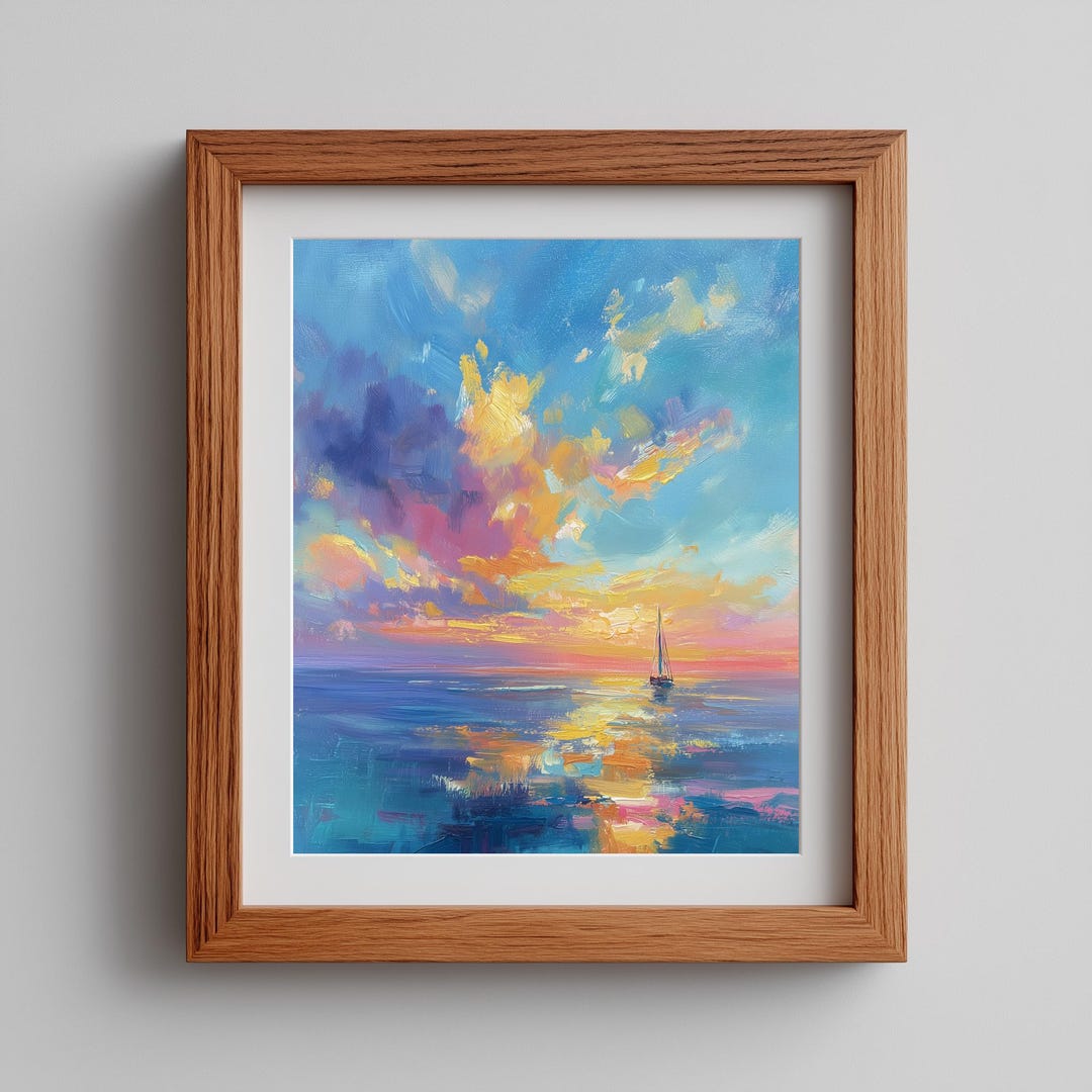Bold Sunset Landscape Printable, Impasto Oil Painting With Colorful Sky ...