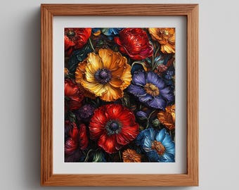Autumn Harvest Still Life Printable, Rustic Oil Painting of Pumpkins and Flowers, Cozy Fall Decor Wall Art, Digital Download 648