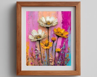 Yellow and White Flower Field Wall Art Printable, Soft Pink Meadow Landscape Painting, Earthy Cottagecore Decor, Digital Download 943