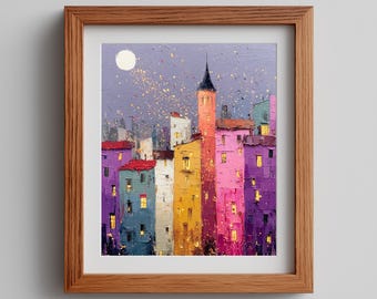 Vibrant Tower City Wall Art Printable, Whimsical Colorful Urban Painting with Stars, Dreamy Fantasy Town Decor, Digital Download 887