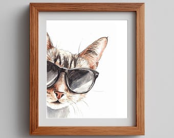 Cool Cat Wall Art Printable, Funny Sunglasses Cat Portrait, Whimsical Pet Lover Decor, Black and White Animal Art Download 106
