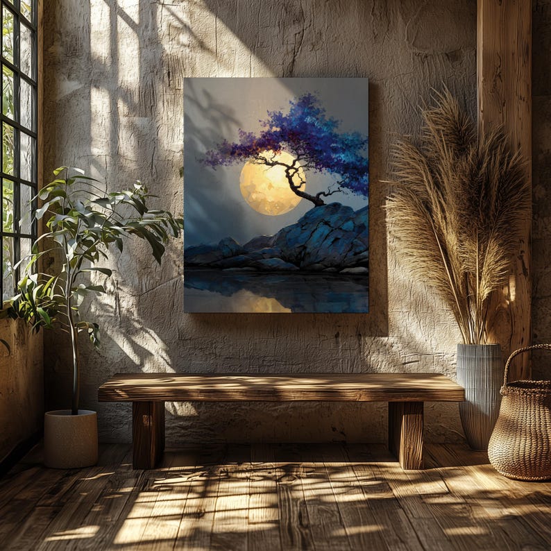 Moon Over Forest Cliff Wall Art Printable, Serene Night Landscape Painting with Tree Silhouette, Earthy Nature Decor, Download 950 image 6