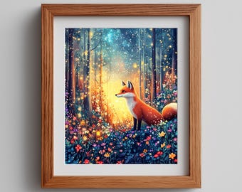 Fox in Enchanted Forest Wall Art Printable, Magical Woodland Animal Painting, Glowing Nature Scene Decor, Whimsical Art Download 329