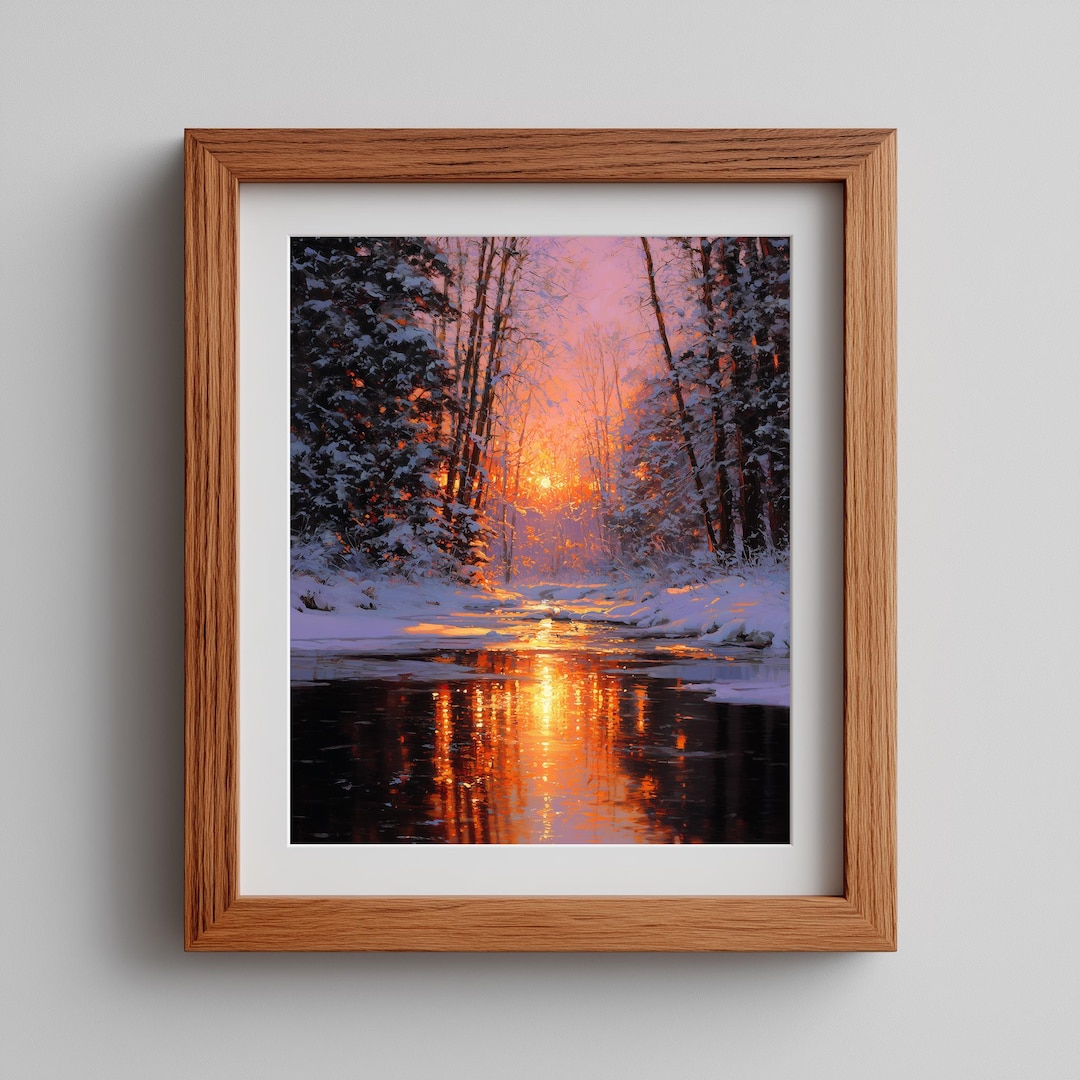 Orange Sunset Over Frozen Lake Printable, Tranquil Winter Evening ...