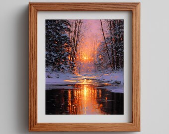 Orange Sunset Over Frozen Lake Printable, Tranquil Winter Evening Painting, Serene Christmas Landscape Wall Art, Digital Download 421