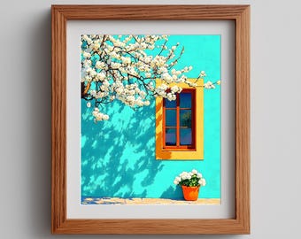 Pode incluir: Impressão artística emoldurada com uma parede turquesa, uma moldura de janela castanha e um ramo de árvore florida. Um vaso de flores laranja está sob a janela. A obra de arte está numa moldura de madeira.
