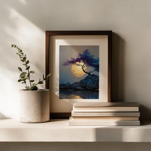 Moon Over Forest Cliff Wall Art Printable, Serene Night Landscape Painting with Tree Silhouette, Earthy Nature Decor, Download 950 image 7