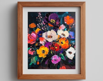 Dramatic Dark Floral Wall Art Printable - Maximalist Oil Painting with Bright Flowers, Vintage Botanical Decor, Digital Print 617