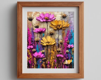 Yellow Wildflowers in Meadow Wall Art Printable, Dreamy Field Landscape Painting, Earthy Cottagecore Nature Decor, Digital Download 947