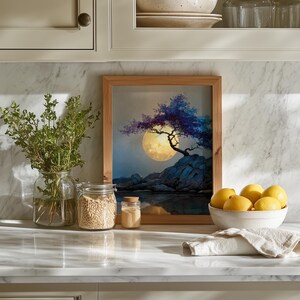 Moon Over Forest Cliff Wall Art Printable, Serene Night Landscape Painting with Tree Silhouette, Earthy Nature Decor, Download 950 image 8