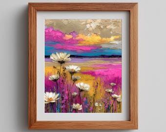 Pink and Yellow Meadow Flowers Wall Art Printable, Bright Field Landscape Painting, Rustic Nature Decor, Cottagecore Download 948