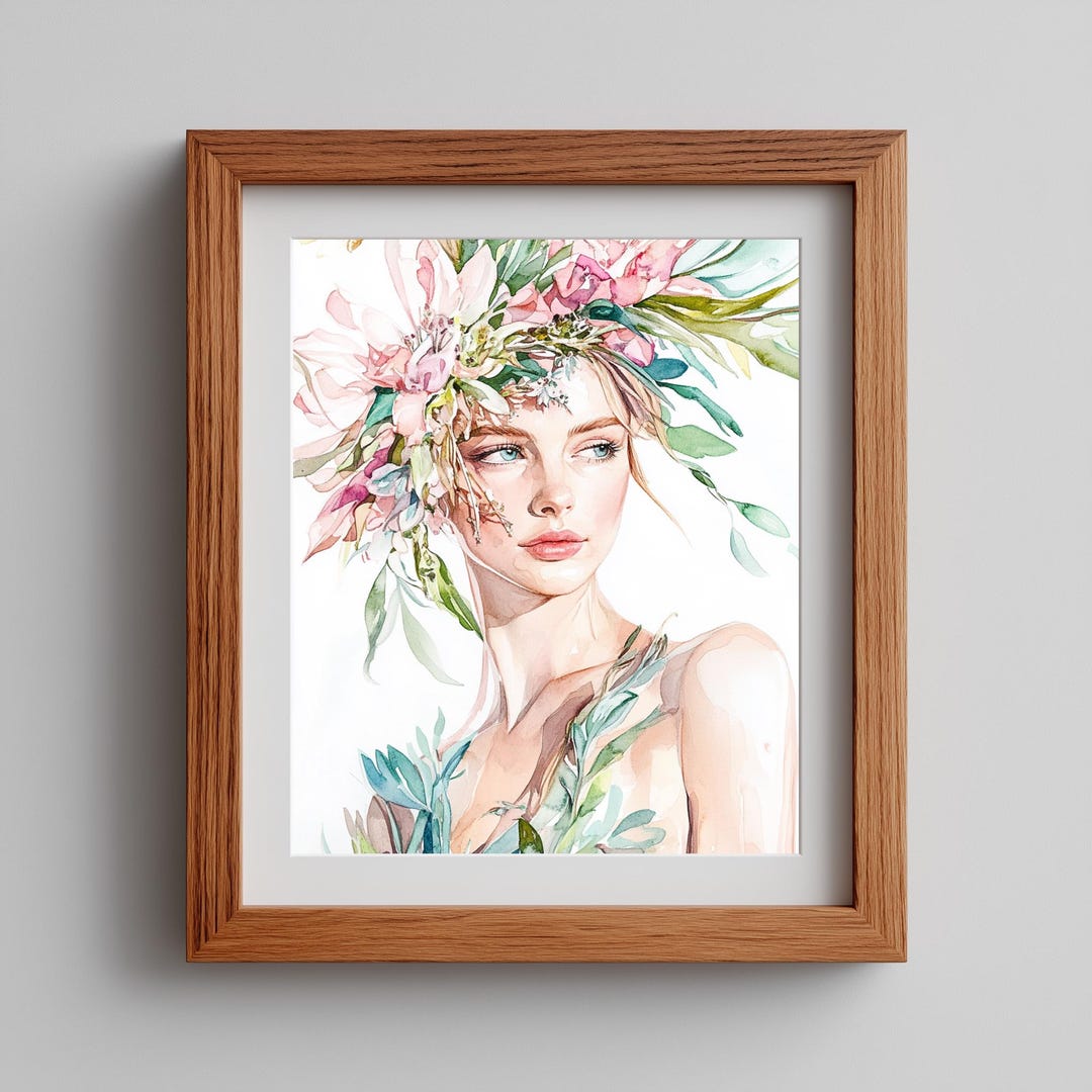 Floral Woman Portrait Wall Art Printable, Boho Botanical Crown Painting ...