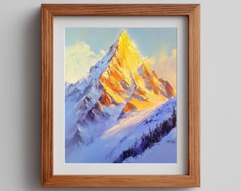 Majestic Snowy Mountain Painting Printable, Winter Alpine Scene in Blue and Gold, Dramatic Landscape Wall Art, Digital Download 714