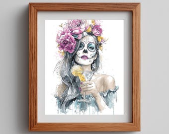 Day of the Dead Girl Printable Art, Sugar Skull Halloween Wall Art, Gothic Floral Decor, Unique Tattoo Style Painting Download 56