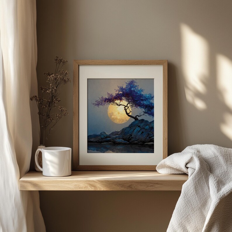 Moon Over Forest Cliff Wall Art Printable, Serene Night Landscape Painting with Tree Silhouette, Earthy Nature Decor, Download 950 image 9