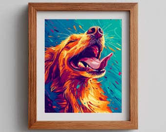 Puede incluir: Una impresión artística enmarcada que presenta una colorida ilustración estilizada de un perro golden retriever con la boca abierta y la lengua fuera. La obra de arte utiliza tonos vibrantes de naranja, morado y azul, creando una imagen dinámica.