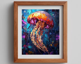 Colorful Jellyfish Floating Printable, Beautiful Underwater Illustration in Bright Tones, Marine Life Wall Art, Digital Download 693