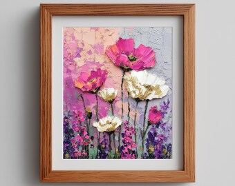 Pink and White Blooming Field Wall Art Printable, Whimsical Flower Meadow Painting, Dreamy Cottagecore Nature Decor, Digital Download 993
