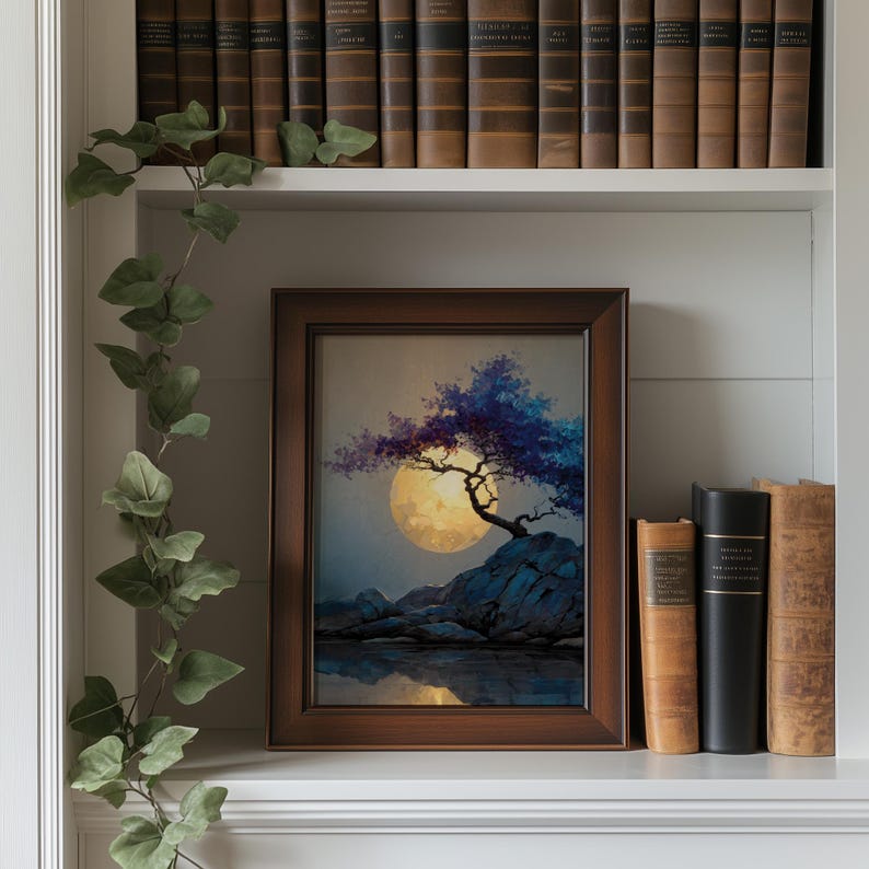 Moon Over Forest Cliff Wall Art Printable, Serene Night Landscape Painting with Tree Silhouette, Earthy Nature Decor, Download 950 image 5