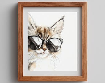 Hipster Cat Wall Art Printable, Funny Cat in Sunglasses Illustration, Cool Pet Lover Decor, Whimsical Kitty Art Download 235