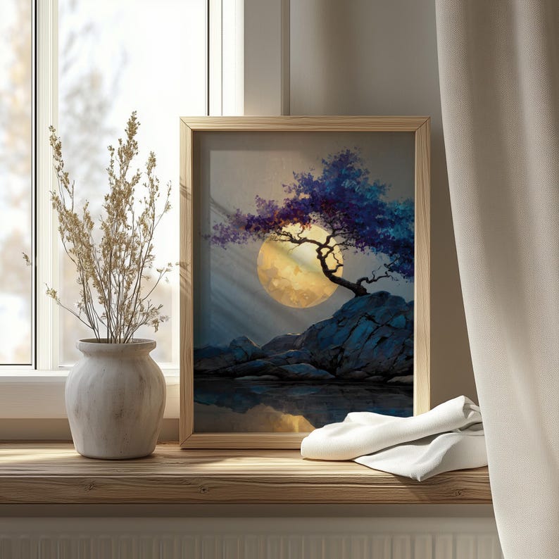Moon Over Forest Cliff Wall Art Printable, Serene Night Landscape Painting with Tree Silhouette, Earthy Nature Decor, Download 950 image 3