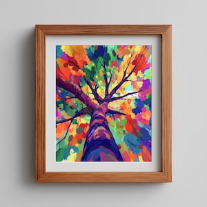 May include: A vibrant, colorful tree painting in a wooden frame. The artwork features a low-angle perspective, looking up through the tree's trunk and branches. The leaves are painted in a variety of bright colors, including red, orange, yellow, green, and purple.