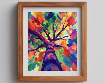 Whimsical Rainbow Tree Printable, Colorful Forest Canopy in Bright Impressionist Style, Nature Fantasy Wall Art, Digital Download 698