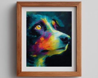 May include: A framed art print featuring a colorful portrait of a dog. The dog's fur is painted with vibrant hues of blue, yellow, orange, and purple. The artwork is set against a dark background and framed in a natural wood frame.