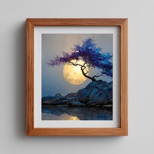 Moon Over Forest Cliff Wall Art Printable, Serene Night Landscape Painting with Tree Silhouette, Earthy Nature Decor, Download 950 image 1