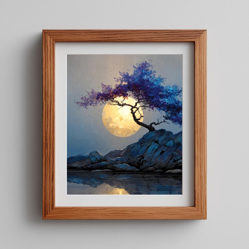 Moon Over Forest Cliff Wall Art Printable, Serene Night Landscape Painting with Tree Silhouette, Earthy Nature Decor, Download 950 image 1