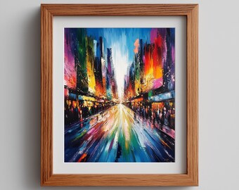 Rainy Neon City Street Scene Printable, Vibrant Urban Nightscape Painting, Expressive Colorful Lights Wall Art, Digital Download 644